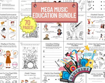 Mega Music Education Bundle | 70 Printable Worksheets, Flashcards & Coloring Pages for Kids PDF