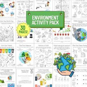 以下が含まれることがあります： 環境アクティビティパック、30ページの教育的なぬりえとアクティビティシート。リサイクル、自然、季節、アースデイなどのトピックが含まれています。表紙にはタイトルが書かれた緑色のバナーがあります。