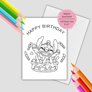 Lila and Stitch Printable coloring Birthday card. Coloring Birthday Greeting with Stitch. Printable Coloring Happy Birthday card for kids.