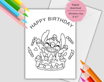 Lila and Stitch Printable coloring Birthday card. Coloring Birthday Greeting with Stitch. Printable Coloring Happy Birthday card for kids.