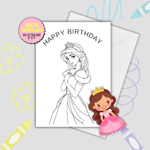 Carte de joyeux anniversaire princesse à colorier - Carte pliable imprimable 5 x 7" | Activité d'anniversaire pour enfants à faire soi-même | Cartes d'anniversaire numériques à téléchargement immédiat