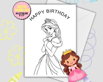 Princess Birthday Coloring Card: DIY Kids Activity (Digital Download)