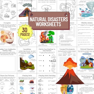 Puede incluir: Un conjunto de 30 páginas de hojas de trabajo sobre desastres naturales. Los temas incluyen sequías, inundaciones, deslizamientos de tierra e incendios forestales. La portada muestra el título "Natural Disasters Worksheets".