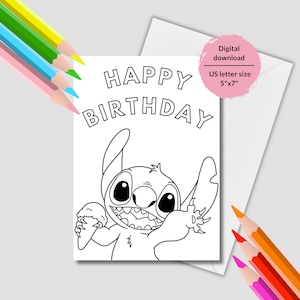 Carte d'anniversaire à colorier imprimable Lilo et Stitch. Coloriage voeux d'anniversaire avec Stitch. Carte de joyeux anniversaire à colorier imprimable pour les enfants.