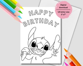 Lilo and Stitch Printable coloring Birthday card. Coloring Birthday Greeting with Stitch. Printable Coloring Happy Birthday card for kids.