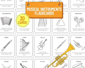 May include: Musical Instruments Flashcards with 30 cards. The flashcards feature black and white illustrations of various musical instruments, including a piano, trumpet, and violin. The title is in orange.