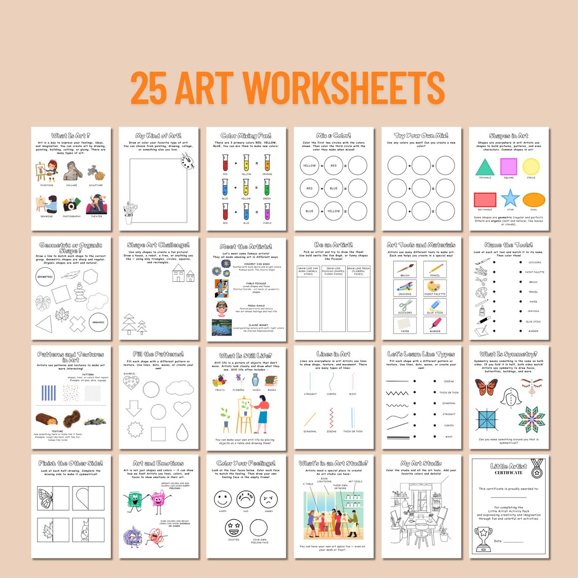Art Education Worksheets for Kids | Printable Art Activity Pack | 25