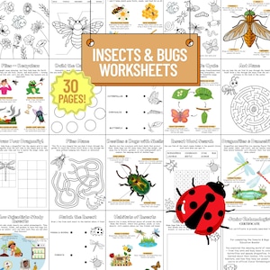 Può includere: Una raccolta di schede di lavoro a tema insetti con il titolo "Insects & Bugs Worksheets" e "30 Pages!". Le pagine presentano varie attività, tra cui labirinti, ricerche di parole e pagine da colorare, con illustrazioni di insetti come farfalle.