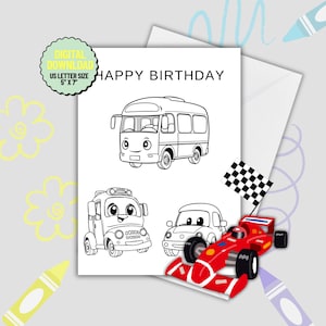 Carte d'anniversaire à colorier imprimable Lightning McQueen. Voeux d'anniversaire à colorier avec des voitures. Carte de joyeux anniversaire à colorier à imprimer pour les enfants.
