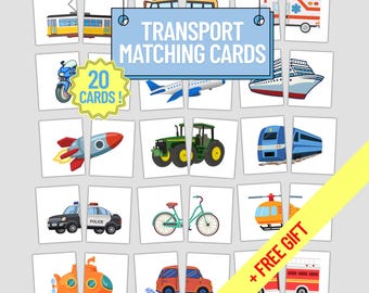 Transport Matching Game: Vehicle Flashcards, Montessori Learning (PDF Download)