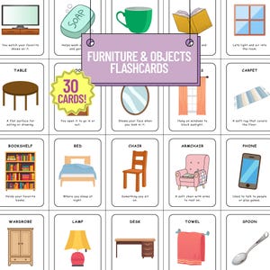 May include: A set of flashcards titled "Furniture & Objects" with illustrations of various household items. The cards include a TV, soap, a mug, a book, a window, a table, a mirror, curtains, a carpet, a bookshelf, a bed, a chair, an armchair, and a phone.