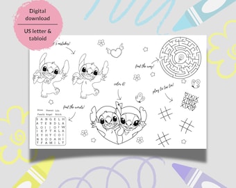 Könnte beinhalten: Eine Schwarz-Weiß-Malvorlage mit der Figur Stitch aus Lilo & Stitch. Die Seite enthält Bilder von Stitch, ein Labyrinth, Tic-Tac-Toe und ein Wortsuchrätsel. Der Text auf der Seite enthält "Digitaler Download" und "US-Letter & Tabloid".