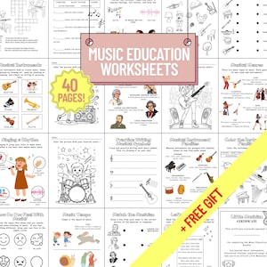 Peut inclure: Feuilles de travail d'éducation musicale avec le titre "Music Education Worksheets" et le texte "40 Pages!". Les feuilles de travail comprennent des instruments de musique, des genres musicaux et des symboles musicaux. Une bannière "+ FREE GIFT" est en bas.