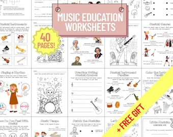 Music Theory Education Worksheets for Kids | 40 Pages Activities + Free Gift Coloring Pages | Music Theory, Instruments, Notes, Genres PDF