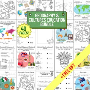 Puede incluir: Un paquete educativo de Geografía y Culturas con 40 páginas de actividades educativas. Incluye mapas, laberintos, páginas para colorear y juegos de emparejamiento. Presenta la Torre Eiffel, el Taj Mahal y la bandera australiana. Incluye un banner de regalo gratis.