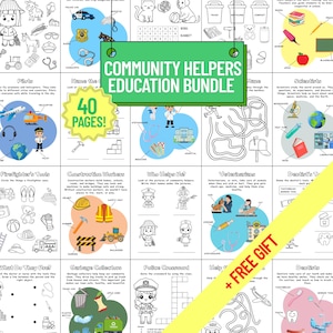 May include: A colorful educational bundle titled "Community Helpers" with 40 pages. The image features various community helpers like pilots, firefighters, and dentists, along with related objects and activities. Includes a "+ FREE GIFT" banner.