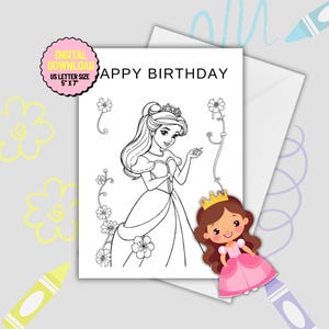 Princess Happy Birthday Coloring Card – 5x7" Foldable Printable for Kids | DIY Coloring Greeting Card | Instant Digital Download princess