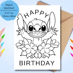 Carte d'anniversaire à colorier Lila et Stitch. Salutation d'anniversaire à colorier avec point. Carte de joyeux anniversaire à colorier à imprimer pour les enfants.