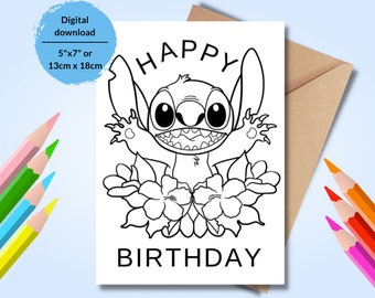 ライラとスティッチの印刷可能な塗り絵バースデー カード。スティッチの塗り絵バースデー グリーティング。子供向けの印刷可能な塗り絵ハッピー バースデー カード。