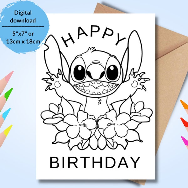 Lila and Stitch Printable coloring Birthday card. Coloring Birthday Greeting with Stitch. Printable Coloring Happy Birthday card for kids.