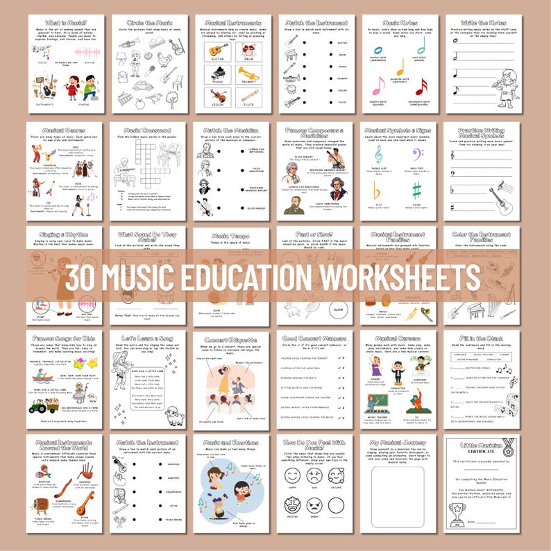 Music Education Worksheets for Kids | 30 Pages Printable Activities ...