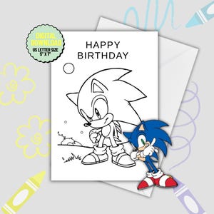 Carte d'anniversaire de Sonic le hérisson à imprimer. Carte d'anniversaire avec design sonore à colorier. Coloriages Sonic pour les enfants. Soirée à thème Sonic