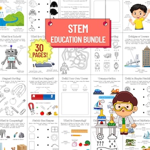 Może przedstawiać: Zestaw edukacyjny STEM z 30 stronami zajęć edukacyjnych. Obejmuje tematy takie jak roboty, magnesy, transport i budowanie wież. Zawiera kolorowe ilustracje i tekst do nauki.