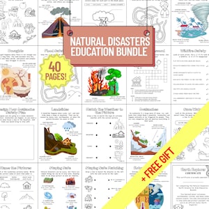 Può includere: Una raccolta di schede didattiche sui disastri naturali, tra cui siccità, inondazioni e valanghe. Il pacchetto include 40 pagine e un omaggio. Il titolo "Natural Disasters Education Bundle" è visualizzato su un cartello di legno.