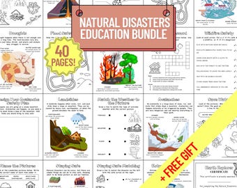 Natural Disasters & Earth Science Bundle for Kids – 40 Worksheets, Volcanoes, Avalanches, Floods + Bonus Coloring Pages, STEM Printable