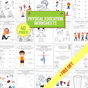 Può includere: Una raccolta di schede di esercizi di educazione fisica con illustrazioni di bambini che si esercitano e praticano sport. Le schede includono attività, diagrammi e sezioni da completare. La copertina presenta il testo "Physical Education Worksheets" e "40 Pages!"