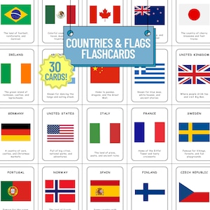 Puede incluir: Juego de 30 tarjetas con banderas de varios países, como Brasil, México, Canadá y Reino Unido. Cada tarjeta muestra una bandera, el nombre del país y una breve descripción. El título "COUNTRIES & FLAGS FLASHCARDS" es visible.