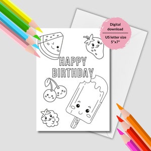 Biglietto di auguri di buon compleanno da colorare stampabile per bambini - Biglietto di auguri di compleanno con frutta kawaii - Biglietto di auguri fai da te - Biglietto da colorare carino - Scarica