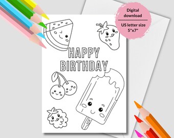 Kawaii Fruit Birthday Coloring Card for Kids (PDF Download)
