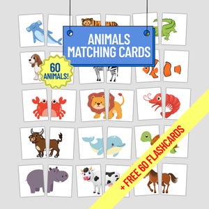 Animals Matching Cards for Kids – 60 Animal Puzzle Cards + FREE Flashcards | Printable Game | Zoo, Sea & Farm Animals | Preschool Learning