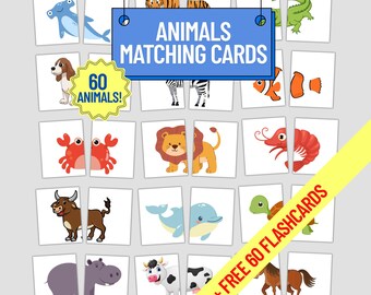 Animal Matching Game: dierentuin-, boerderij- en zeedieren - afdrukbare flashcards (pdf-download)