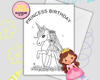 Princess Unicorn Birthday Coloring Card: DIY Printable (5x7" PDF)