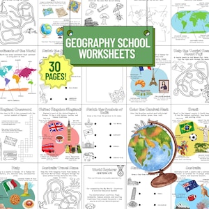 Op de afbeelding: Een verzameling aardrijkskunde schoolwerkbladen met diverse activiteiten, waaronder kaarten, kruiswoordraadsels en bijpassende oefeningen. De werkbladen bevatten kleurrijke illustraties en de tekst "GEOGRAPHY SCHOOL WORKSHEETS" en "30 PAGES!"