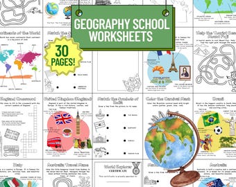 May include: A collection of geography school worksheets with various activities, including maps, crosswords, and matching exercises. The worksheets feature colorful illustrations and the text "GEOGRAPHY SCHOOL WORKSHEETS" and "30 PAGES!"
