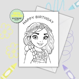 Moana Cartão de aniversário para colorir para imprimir. Saudação de aniversário para colorir com Moana. Cartão de feliz aniversário para colorir para imprimir para crianças. Cartões Moana.