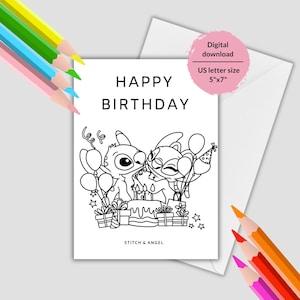 Carte d'anniversaire à colorier Lila et Stitch. Salutation d'anniversaire à colorier avec point. Carte de joyeux anniversaire à colorier à imprimer pour les enfants.