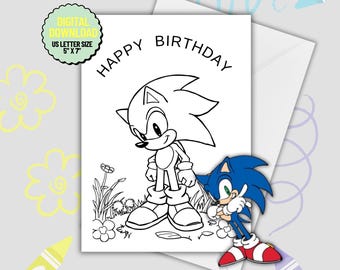 Color Your Own Sonic Birthday Card – Sonic the Hedgehog Printable Card for Kids – Foldable 5x7 PDF Coloring Card – DIY Sonic Party Idea