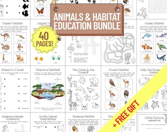 May include: An educational bundle featuring animal and habitat themes. The bundle includes 40 pages of activities, including crossword puzzles, coloring pages, and matching games. A free gift is included.