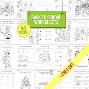 May include: A collection of 40 black and white back-to-school worksheets. The worksheets include activities like coloring, mazes, and fill-in-the-blanks. A green banner reads "BACK TO SCHOOL WORKSHEETS" and a yellow banner reads "+ FREE GIFT".