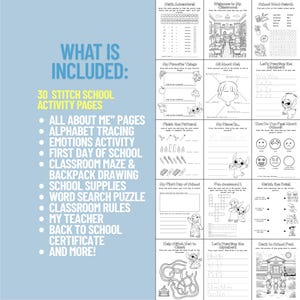 May include: A collection of 30 Stitch School activity pages. The pages include activities such as alphabet tracing, a classroom maze, a word search puzzle, and a back-to-school certificate. The text "WHAT IS INCLUDED" is at the top.