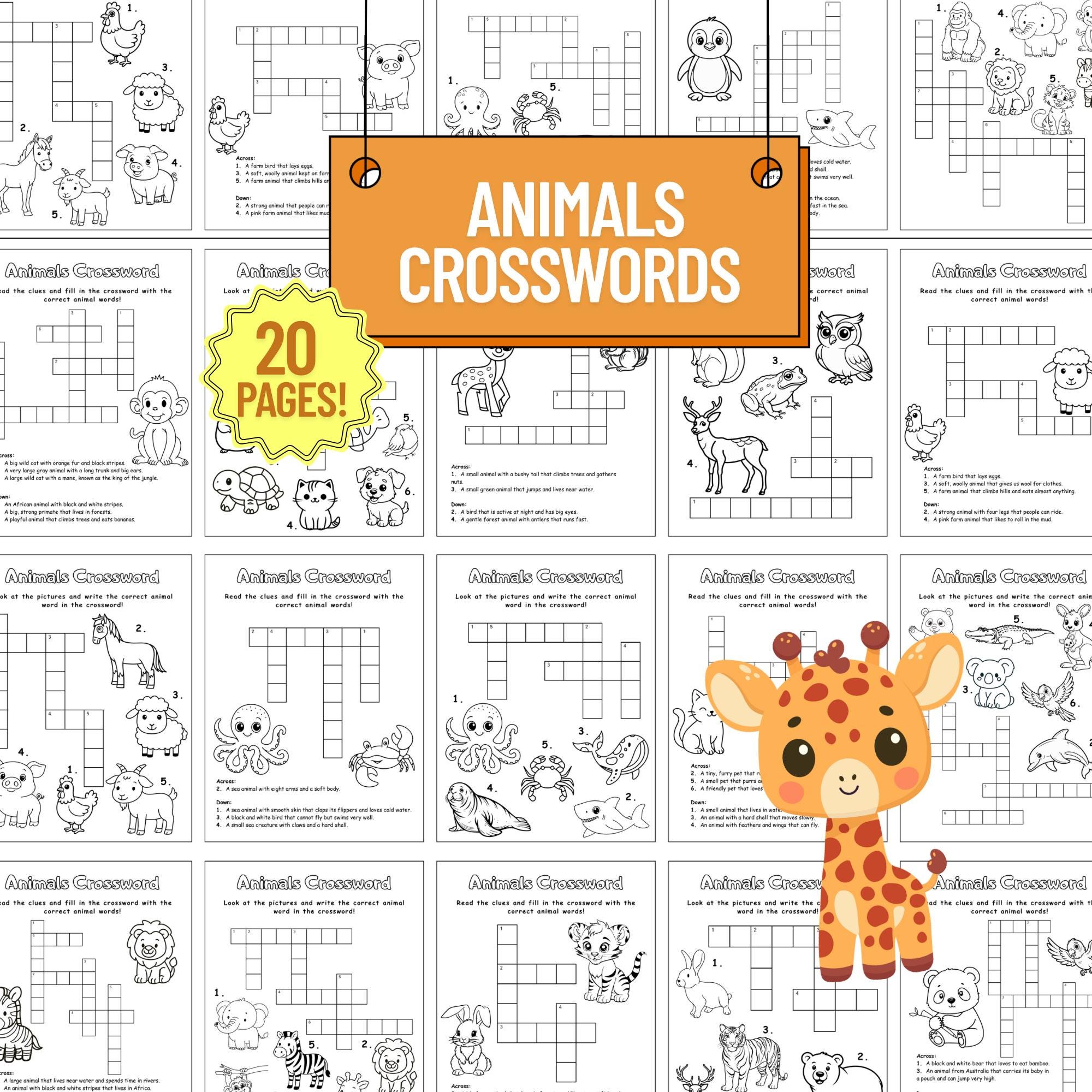 Animals Crossword Printable for Kids — 20-page Activity Bundle (ages 8
