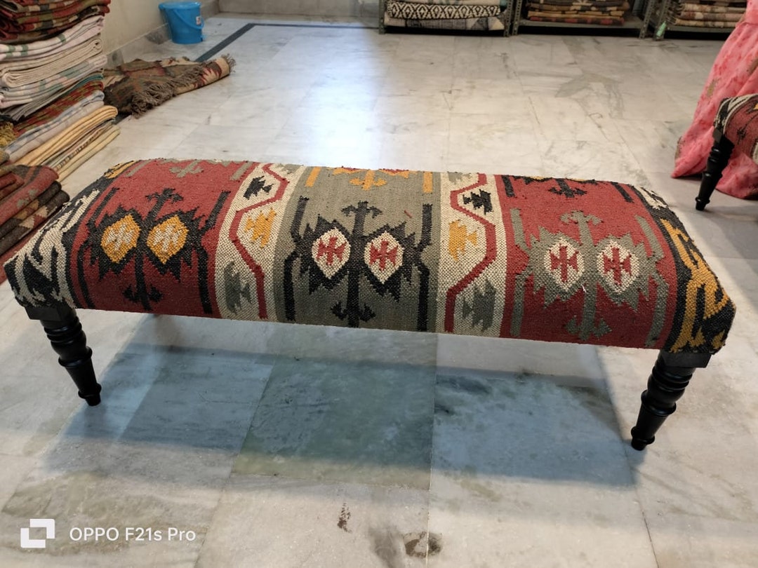 Bench Kilim Wooden Wool Jute Decorative Bedroom Ottoman Wood Boho Chair
