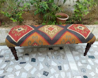 Handgemachter Kelim Sitzplatz: Boho Wollteppich Ottoman