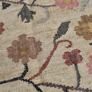 May include: Close-up of a beige rug with a floral pattern. The rug features flowers in shades of pink, brown, and yellow, with black stems and gray leaves. The rug has a woven texture.