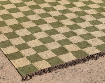 Handmade Wool Jute Kilim Rug – Green & Natural Check Pattern Checkered Flatweave Dhurrie Eco Friendly Trible Bohemian Custom Accent Rugs