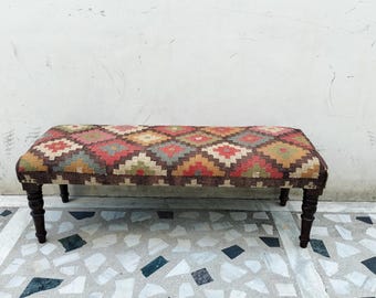 Handgefertigte Kilim Sitzbank: Wollteppich, Akazienholz Beine